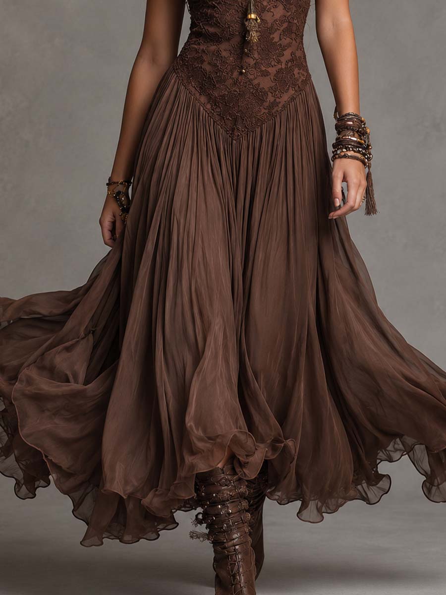 Federica | Vestido de Encaje y Chifón — Marrón Intenso