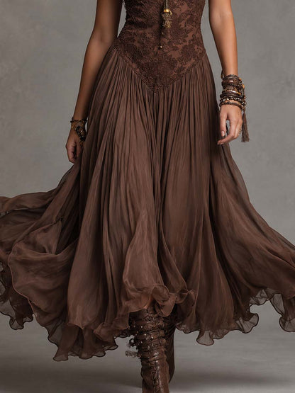 Federica | Vestido de Encaje y Chifón — Marrón Intenso