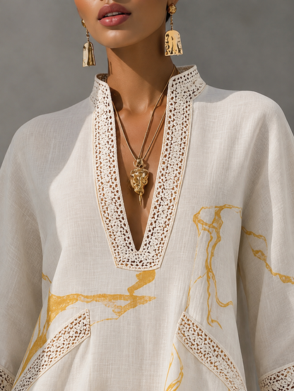 Aliënor | Vestido mini de lino con motivos dorados y escote en V
