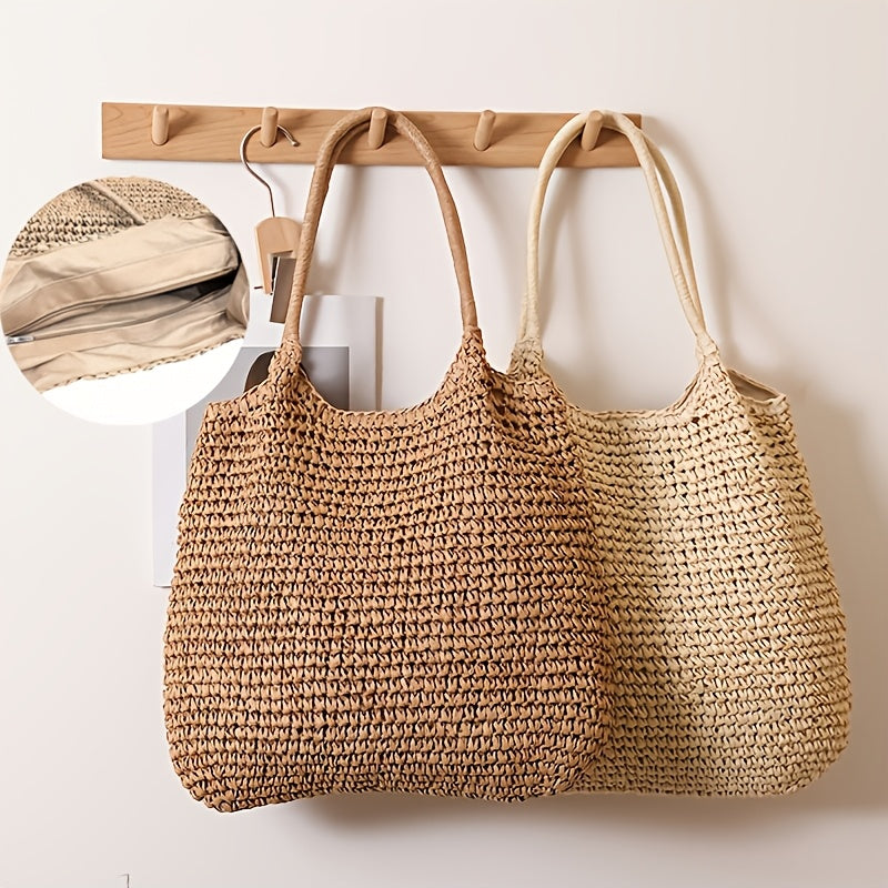 Manuela | Geflochtene Strohtasche mit Schulterriemen – Hell Natur