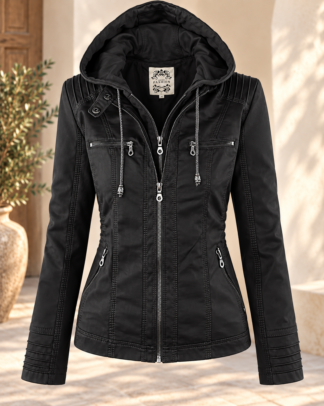 Noëlle™ | Elegante Jacke in Lederoptik mit Kapuze