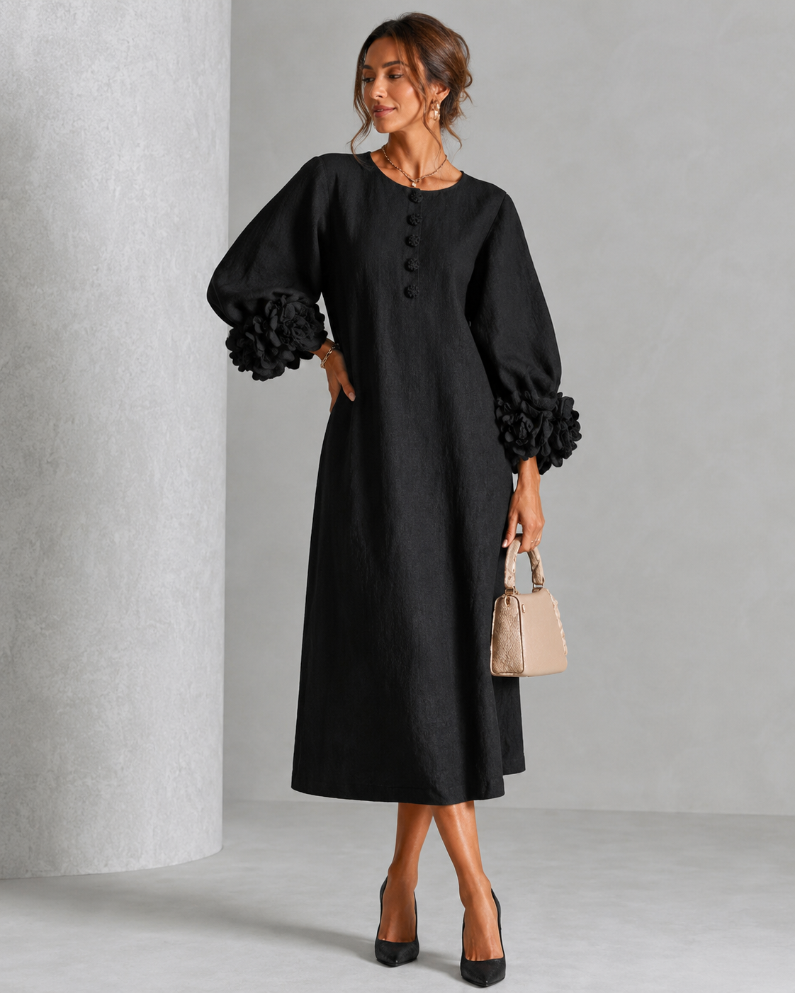 Sore™ | Vestido Midi Elegante que Disimula el Abdomen con Mangas de Flores