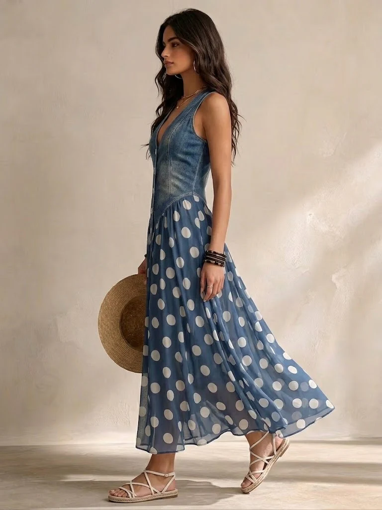 Iolanda | Abito in denim con gonna in chiffon a pois