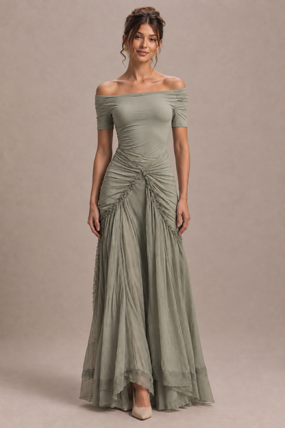 Serena | Vestido Maxi de Chifón Gris con Escote Descubierto
