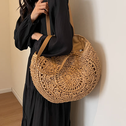Lola | Bolso Redondo de Paja Trenzada con Diseño — Cognac