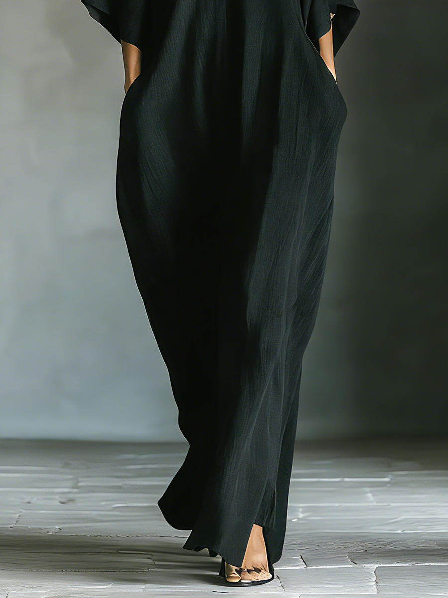 Costanza | Schwarzes Maxikleid mit Kimonoärmeln und V-Ausschnitt