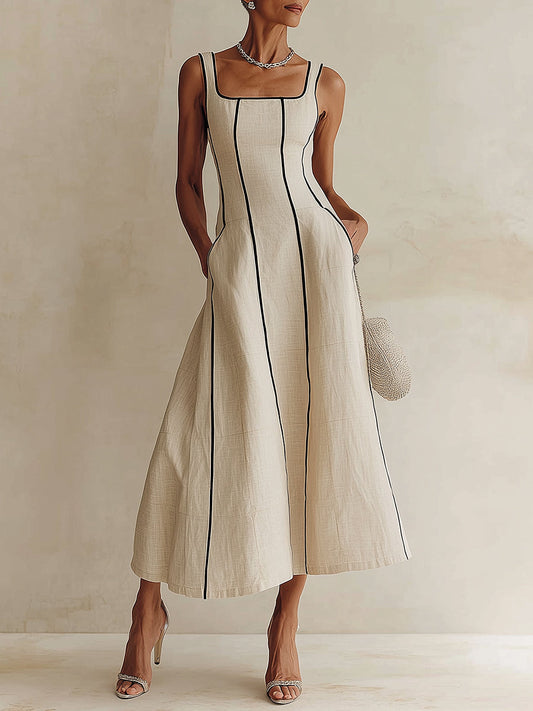 Camille | Maxikleid in A-Linie aus Leinen mit Streifen, Schwarzer Saum
