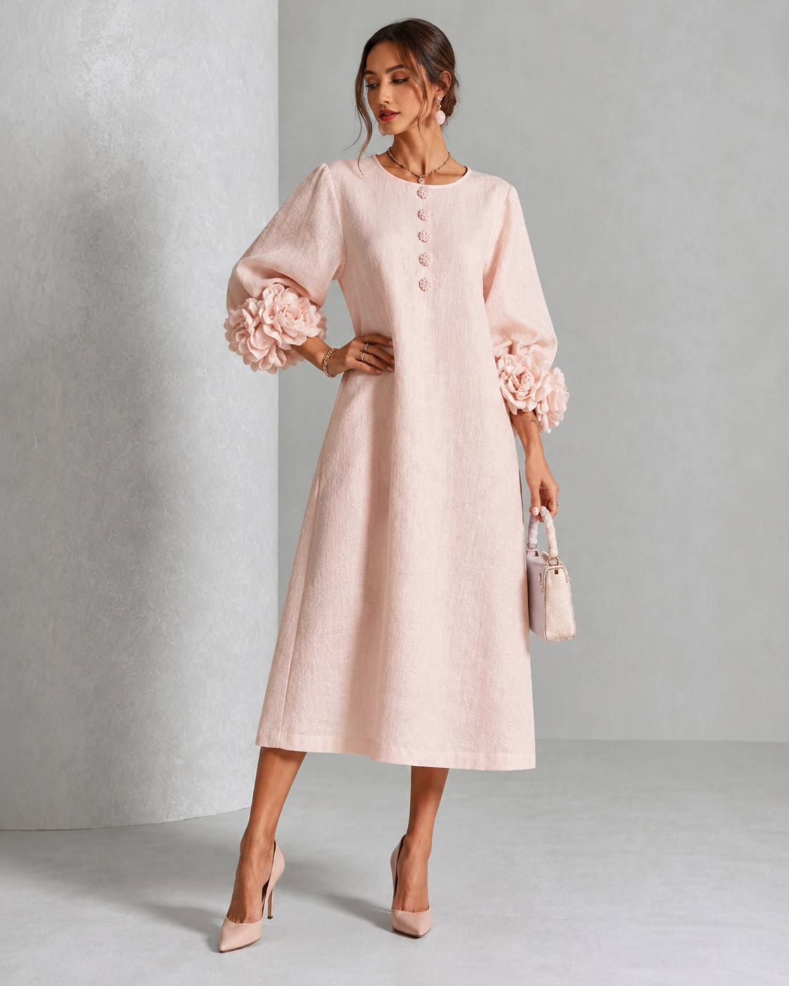 Sore™ | Vestido Midi Elegante que Disimula el Abdomen con Mangas de Flores