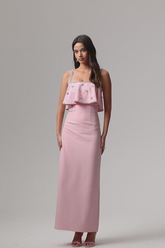 Scarlet | Vestido Largo rosa pálido con escote cuadrado y detalles ornamentales