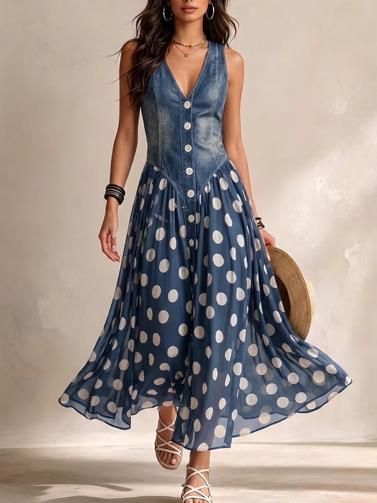 Iolanda | Abito in denim con gonna in chiffon a pois