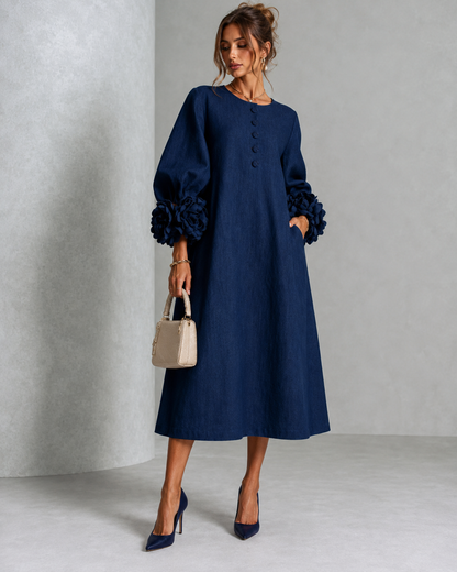 Sore™ | Vestido Midi Elegante que Disimula el Abdomen con Mangas de Flores