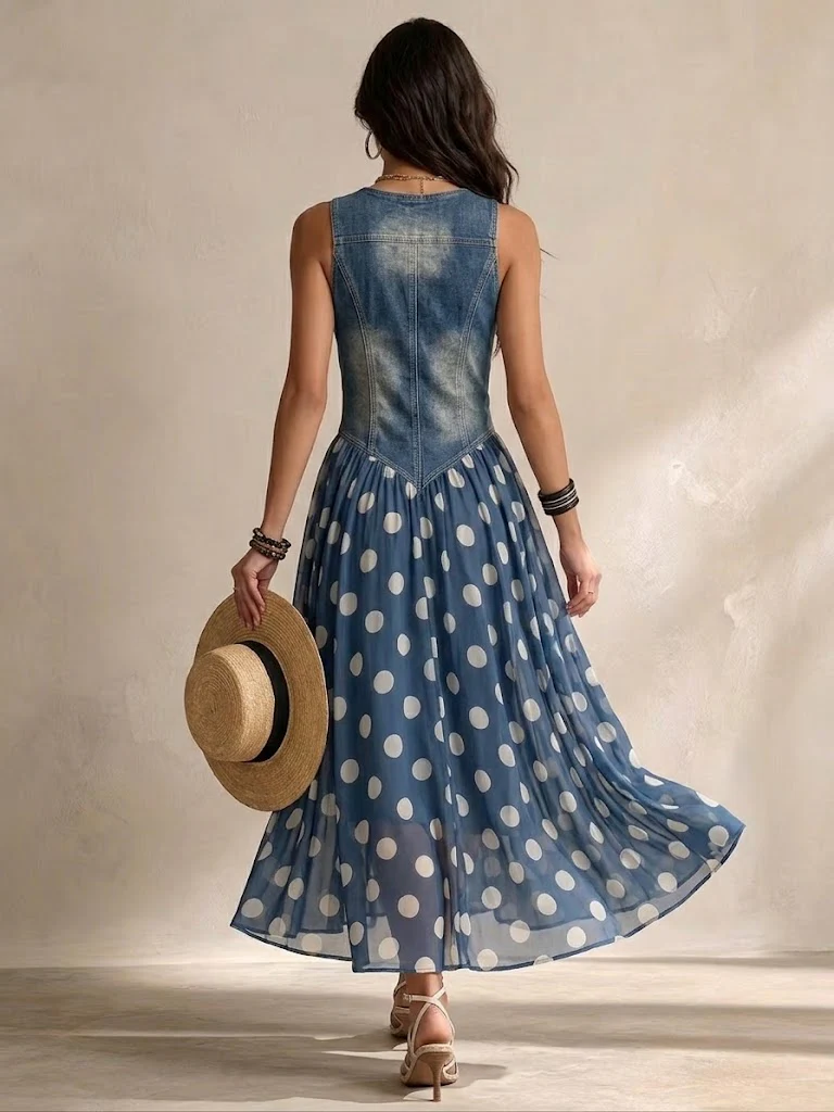 Iolanda | Abito in denim con gonna in chiffon a pois