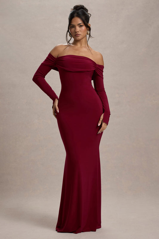 Amaia | Vestido Largo escote bardot de Manga Larga en burdeos