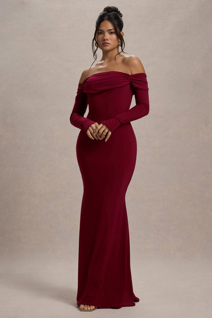 Amaia | Vestido Largo escote bardot de Manga Larga en burdeos