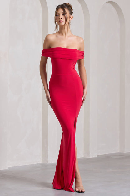 Law of Attraction | Vestido largo rojo con escote bardot y abertura lateral