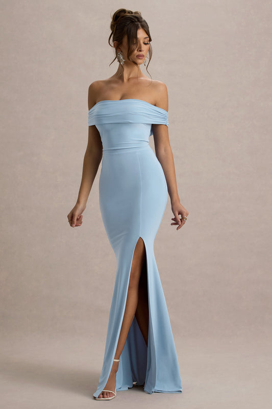 Law of Attraction | Vestido largo azul claro con escote bardot y abertura