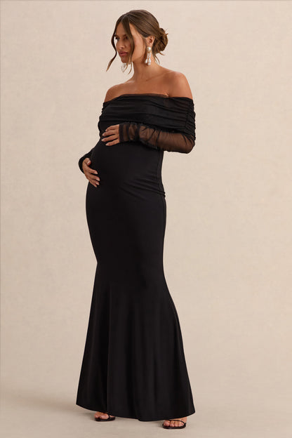 Pretty Perfect | Vestido Largo Premamá Negro con Escote Bardot