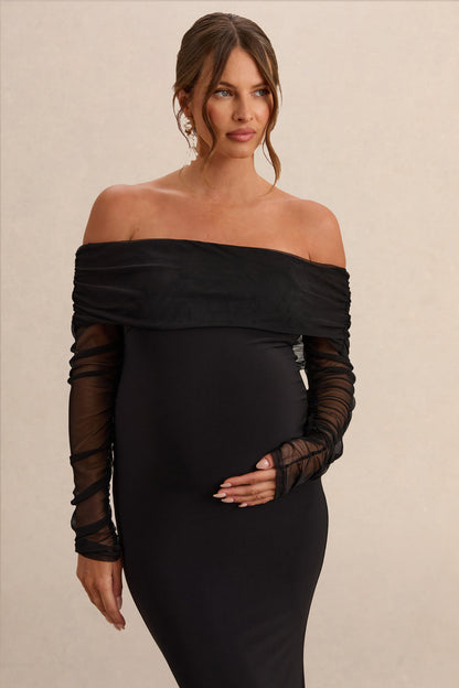 Pretty Perfect | Vestido Largo Premamá Negro con Escote Bardot