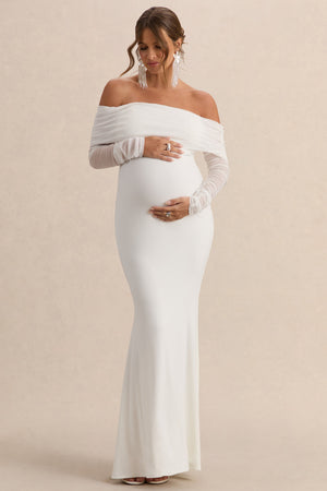 Pretty Perfect | Vestido largo Bardot de premamá  blanco con fruncido y malla