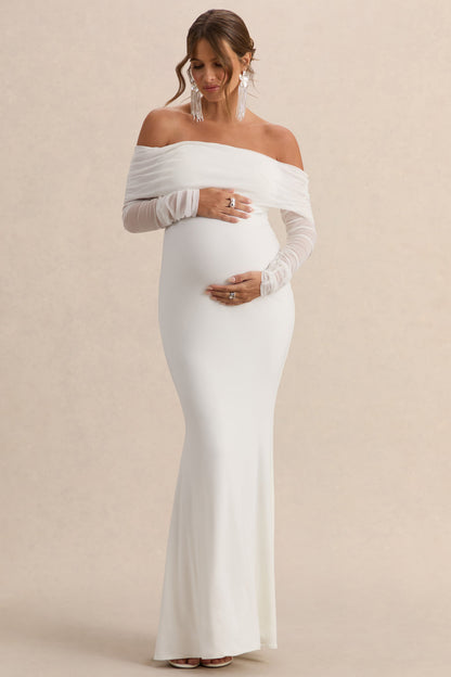 Pretty Perfect | Vestido largo Bardot de premamá  blanco con fruncido y malla