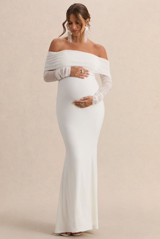 Pretty Perfect | Vestido largo Bardot de premamá  blanco con fruncido y malla