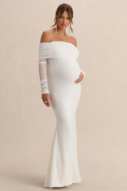 Pretty Perfect | Vestido largo Bardot de premamá  blanco con fruncido y malla