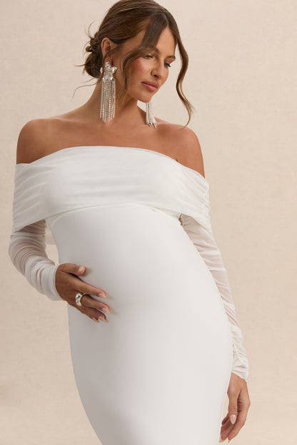 Pretty Perfect | Vestido largo Bardot de premamá  blanco con fruncido y malla