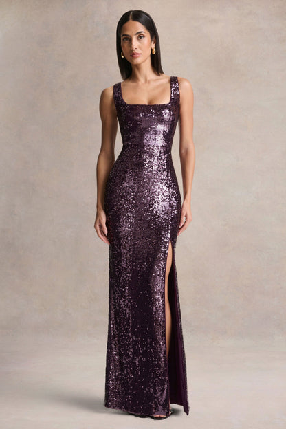 High Life | Vestido Largo Ciruela De Lentejuelas Con Escote Cuadrado