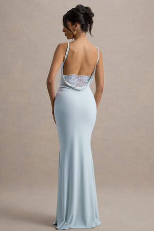 Francoise | Vestido Largo Azul Pastel Con Cuello Cowl, Espalda Descubierta E Inserción De Encaje
