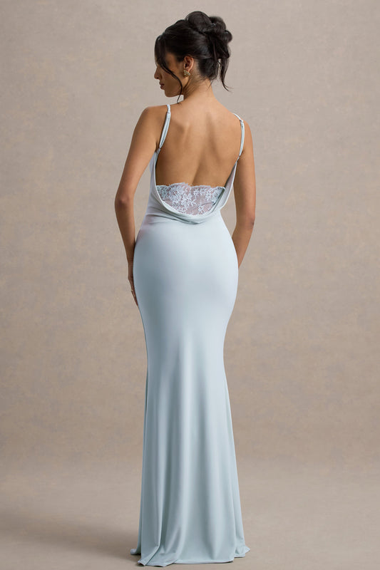 Francoise | Vestido Largo Azul Pastel Con Cuello Cowl, Espalda Descubierta E Inserción De Encaje