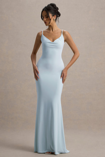 Francoise | Vestido Largo Azul Pastel Con Cuello Cowl, Espalda Descubierta E Inserción De Encaje