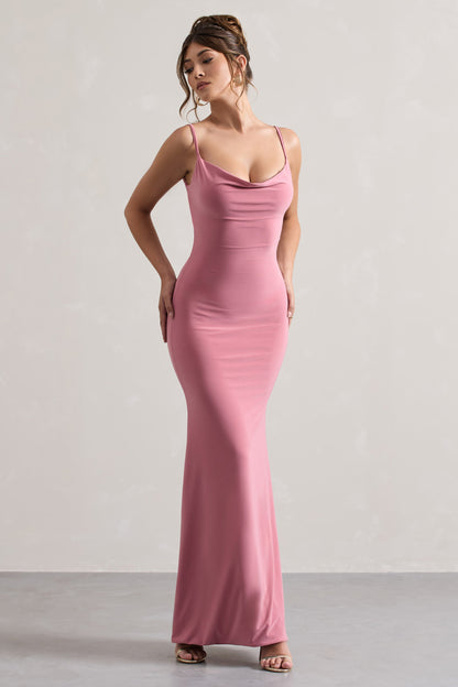 Francoise | Vestido Largo Rosa Palo De Cuello Drapeado Con Espalda Descubierta E Inserción De Encaje