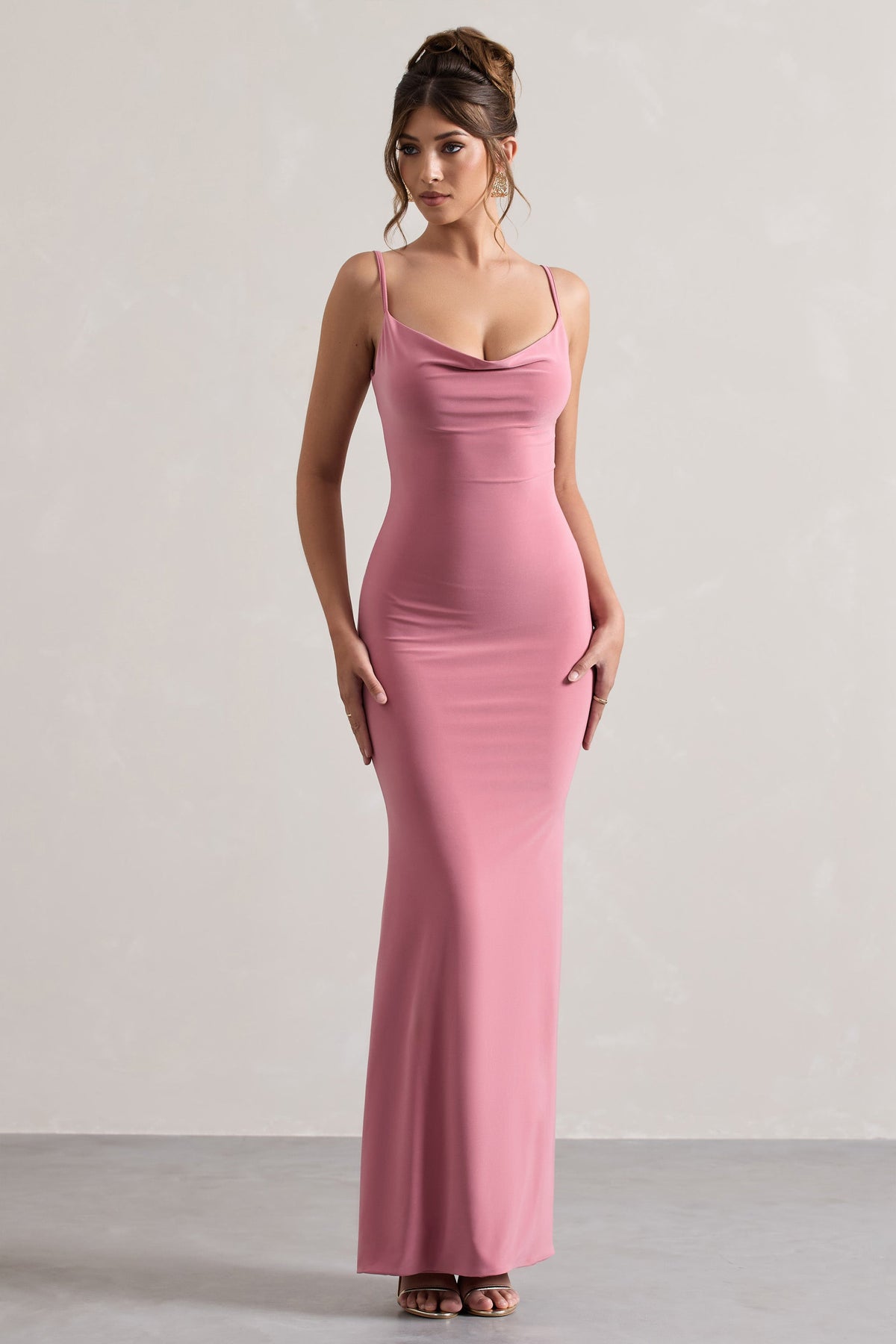 Francoise | Vestido Largo Rosa Palo De Cuello Drapeado Con Espalda Descubierta E Inserción De Encaje