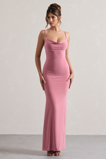 Francoise | Vestido Largo Rosa Palo De Cuello Drapeado Con Espalda Descubierta E Inserción De Encaje