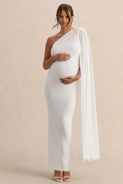 Amaryllis | Vestido Largo Blanco de premamá con una Manga y Capa