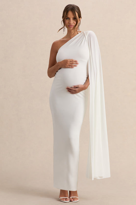 Amaryllis | Vestido Largo Blanco de premamá con una Manga y Capa