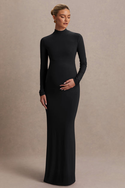 Alejandra | Vestido Largo de premamá en negro con mangas largas y abertura