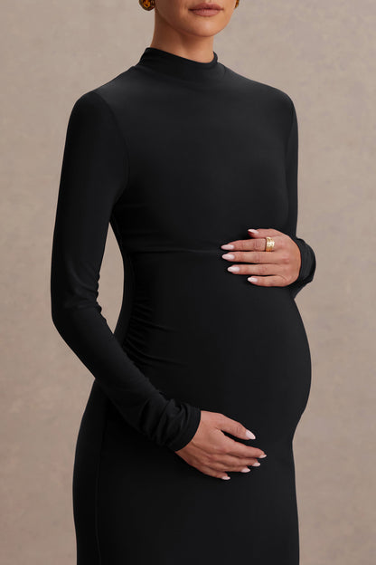 Alejandra | Vestido Largo de premamá en negro con mangas largas y abertura