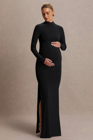Alejandra | Vestido Largo de premamá en negro con mangas largas y abertura