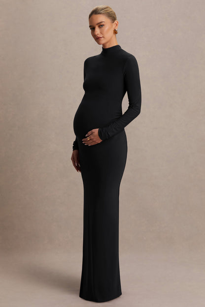 Alejandra | Vestido Largo de premamá en negro con mangas largas y abertura