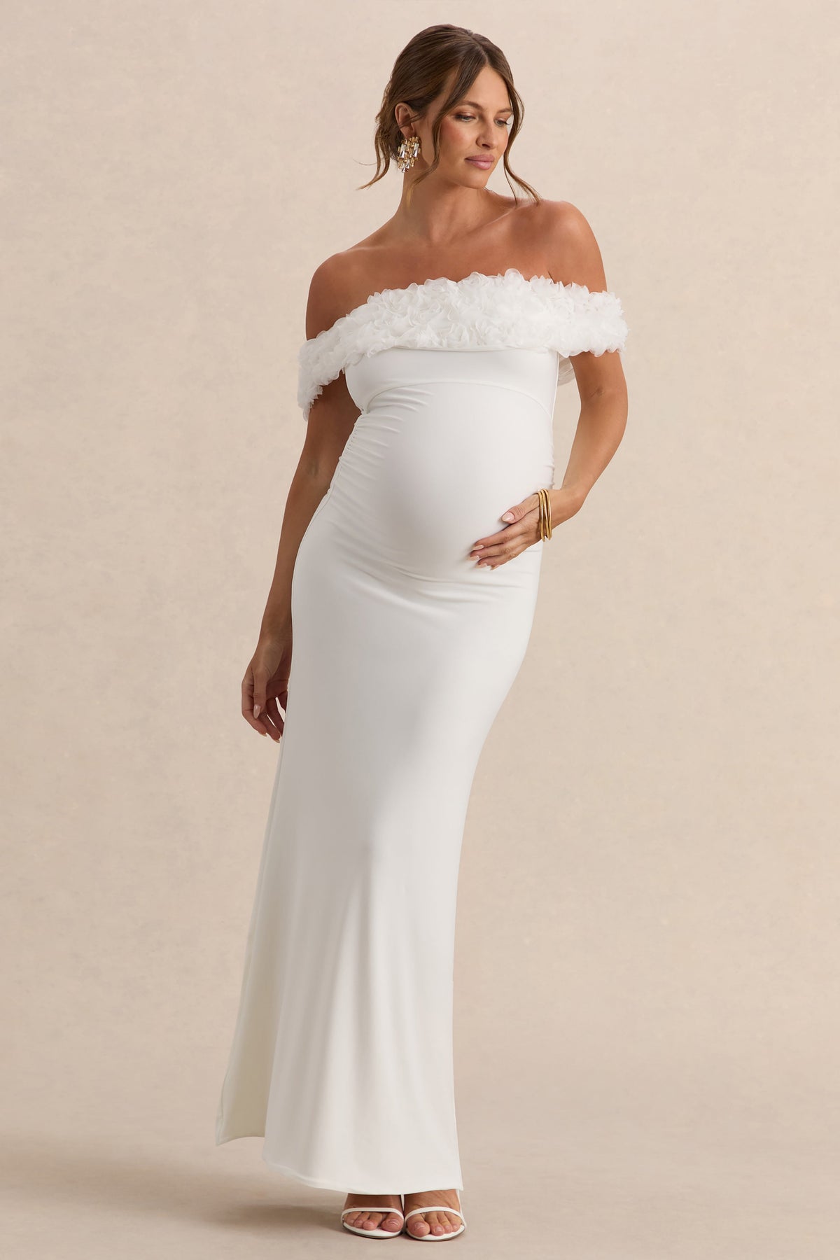 Inflorescence | Vestido largo de premamá con escote bardot de Flores blanco