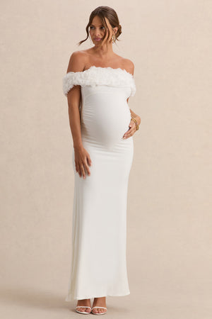 Inflorescence | Vestido largo de premamá con escote bardot de Flores blanco