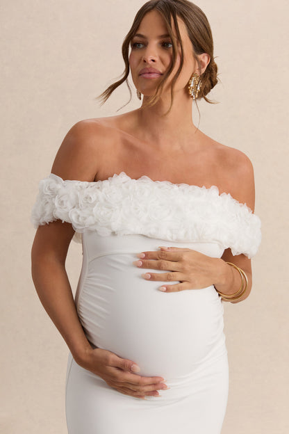 Inflorescence | Vestido largo de premamá con escote bardot de Flores blanco