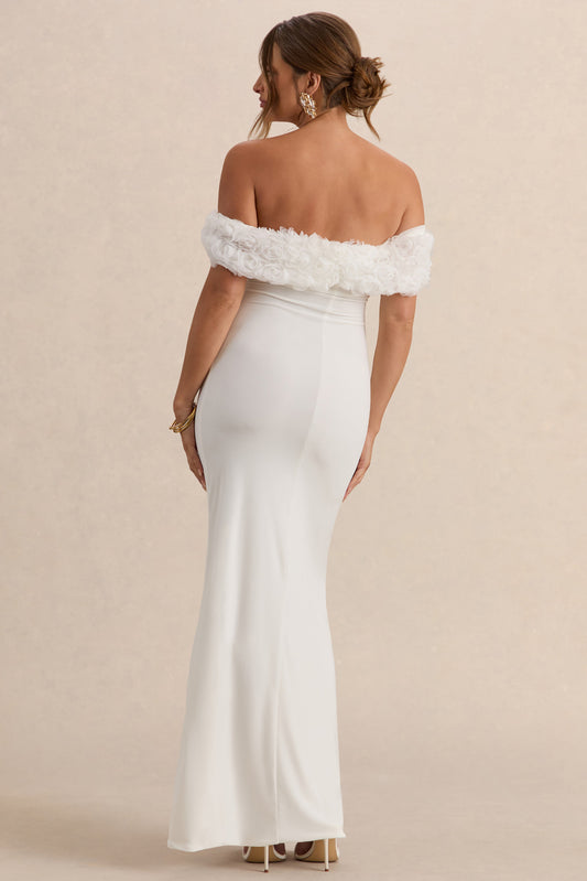 Inflorescence | Vestido largo de premamá con escote bardot de Flores blanco