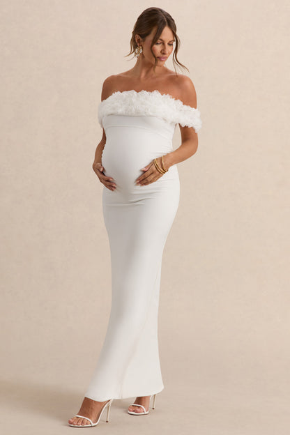 Inflorescence | Vestido largo de premamá con escote bardot de Flores blanco