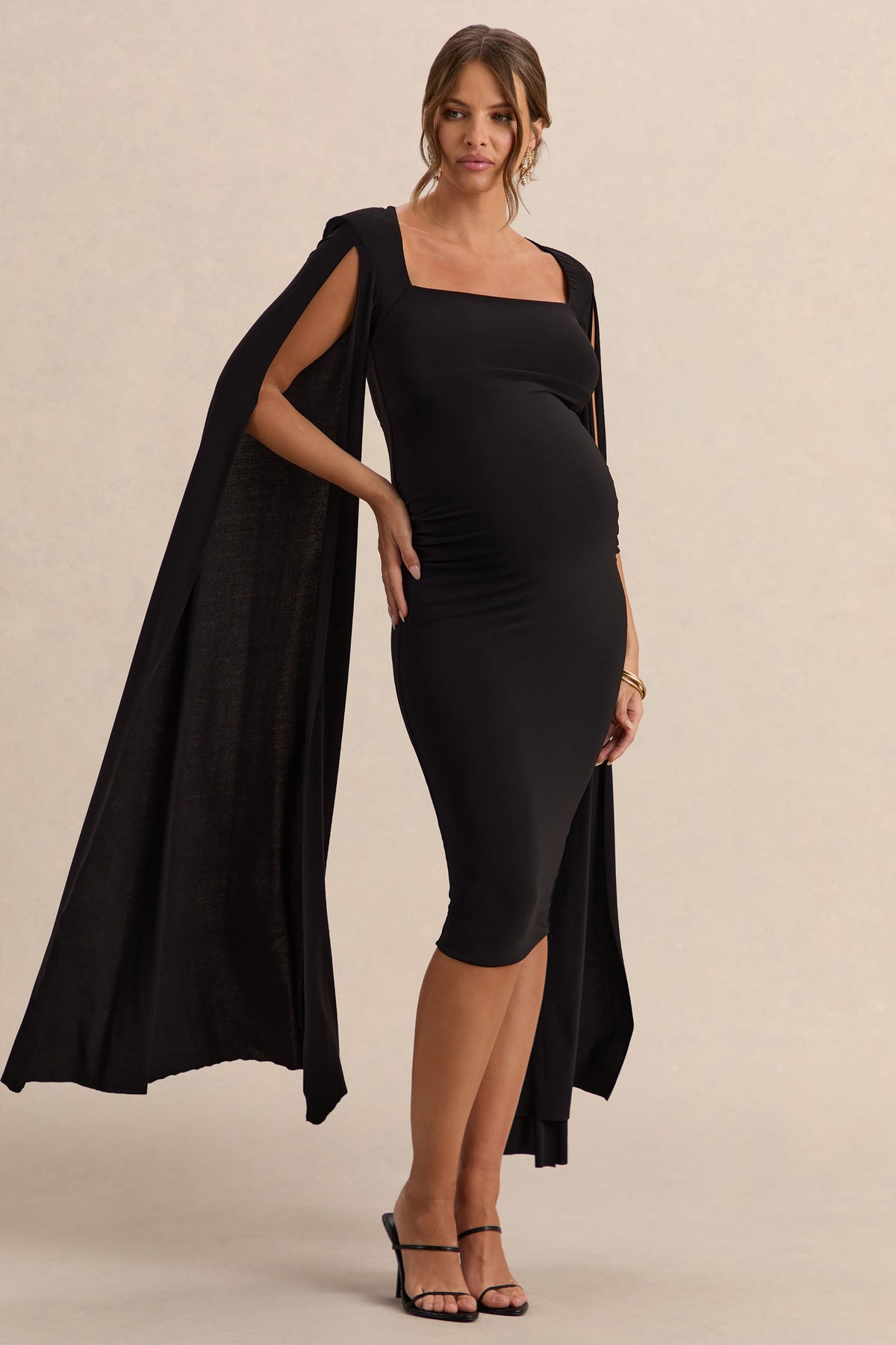 Flawless | Vestido midi premamá en negro con escote cuadrado y mangas capa
