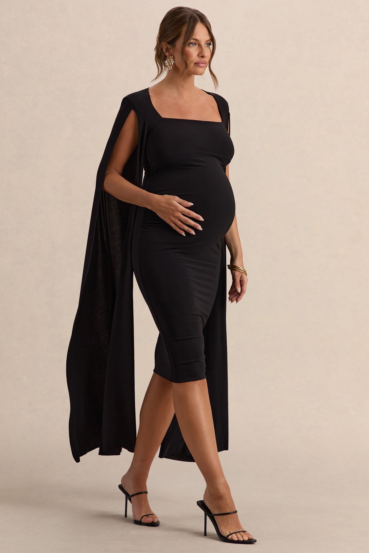 Flawless | Vestido midi premamá en negro con escote cuadrado y mangas capa