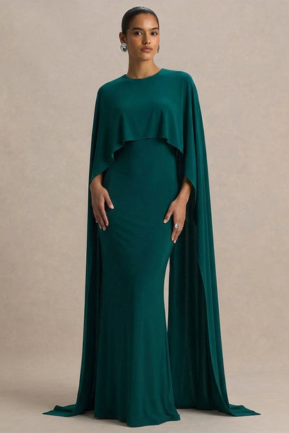 Padma | Vestido Largo Verde Botella con Mangas de Capa