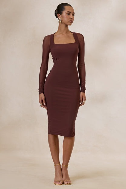 Off Track | Vestido midi ajustado marrón con mangas transparentes