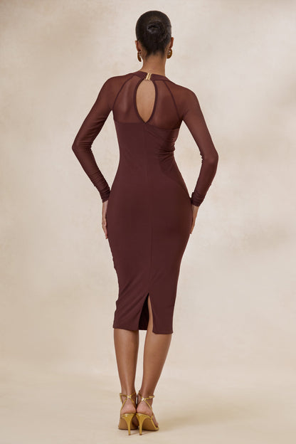 Off Track | Vestido midi ajustado marrón con mangas transparentes